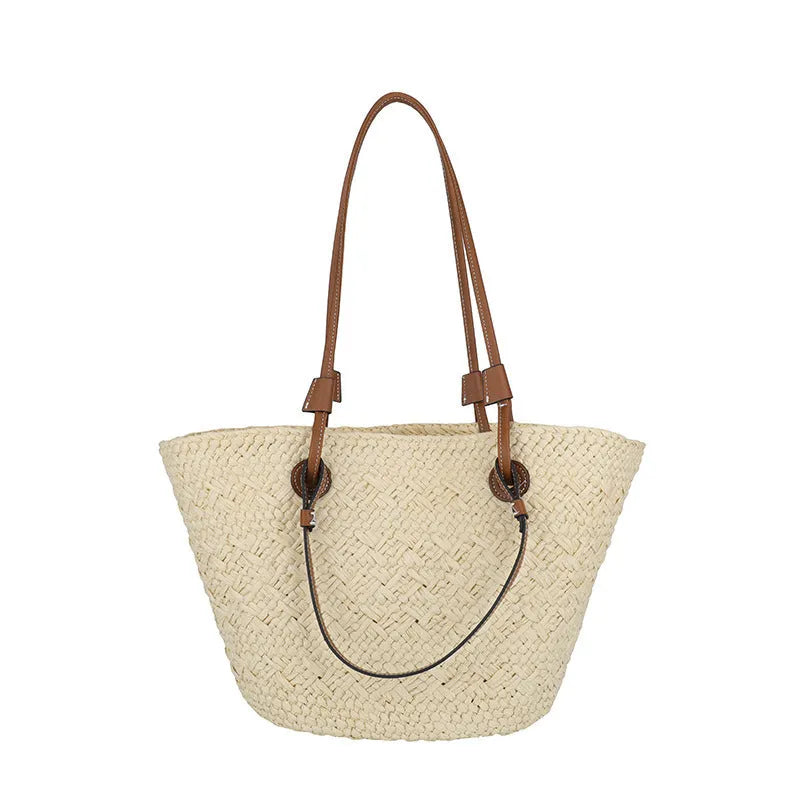 Large woven shoulder hand-carry bag in retro styling with horizontal square shape