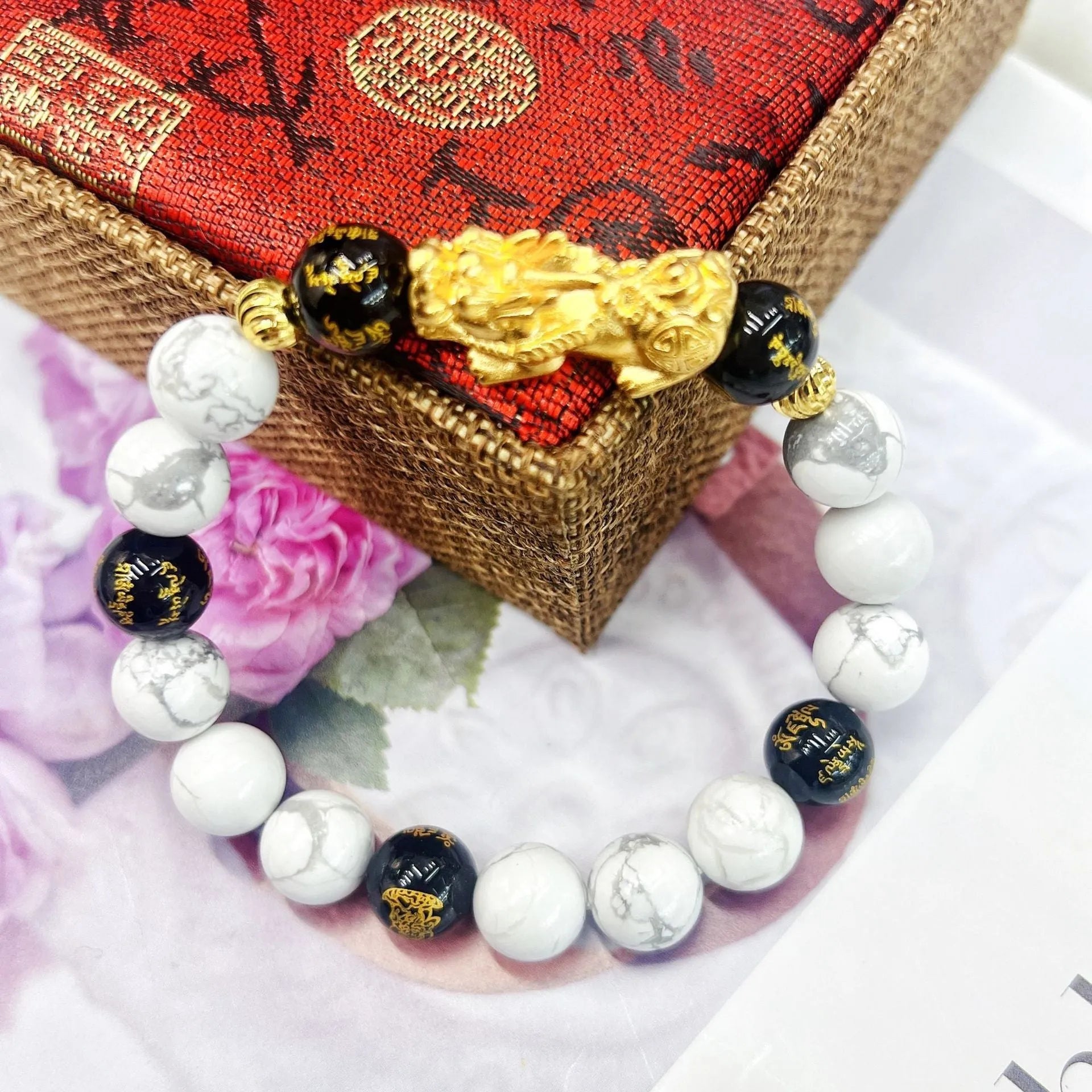 Handcrafted white turquoise and black agate couple bracelet with adjustable 15-17cm sizing