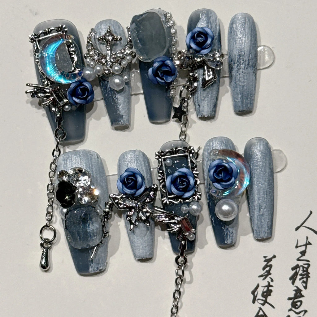 Heavy Industry Blue Beauty Evening Manicure with ornate rose pattern in V04 night blue colour for ladies