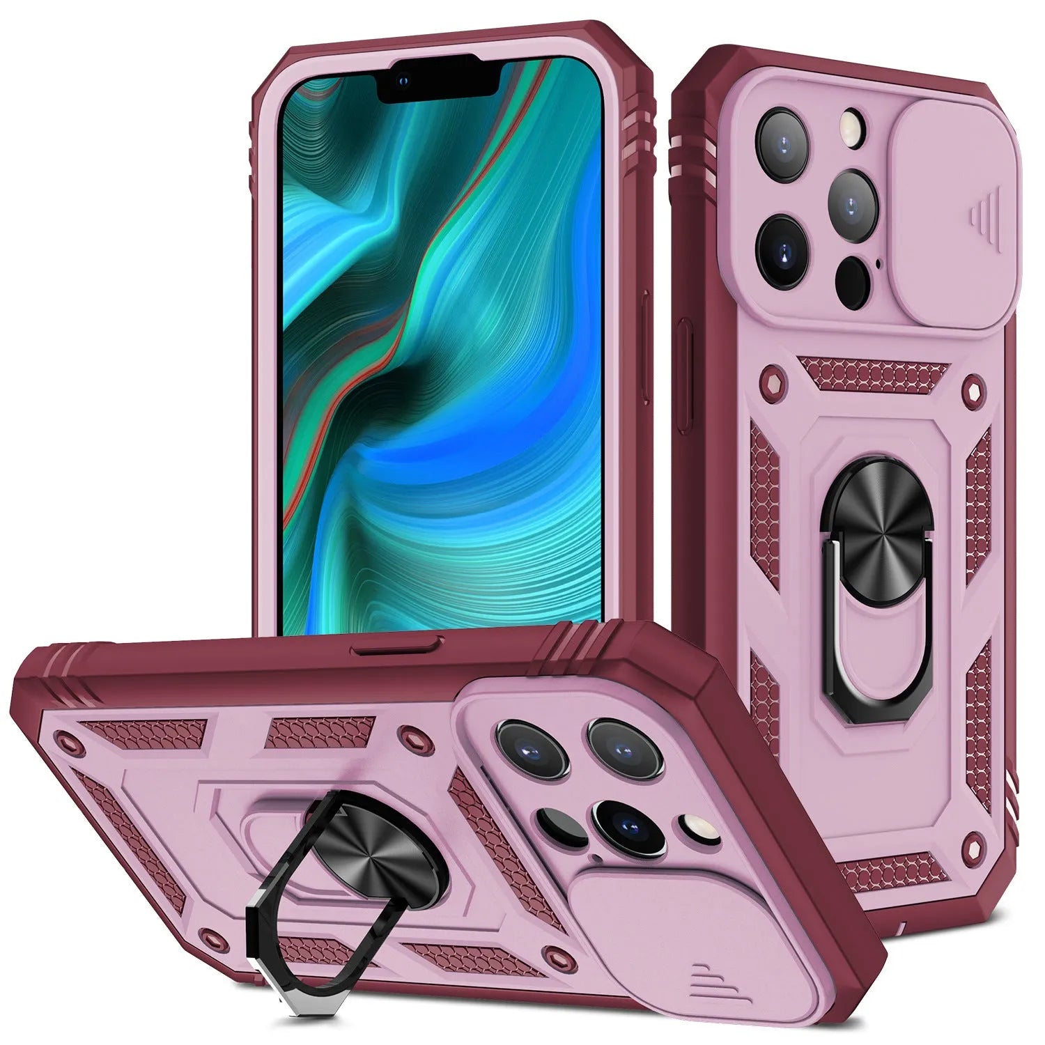 Magnetic iPhone case with sliding bracket in two-tone colours showing adjustable viewing position