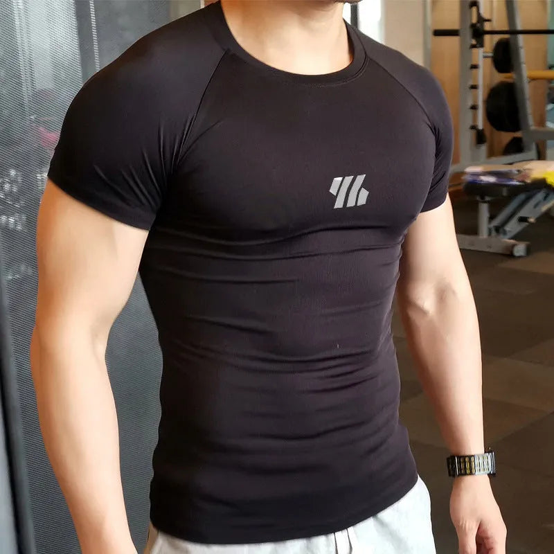 Men's quick-drying polyester compression top in solid black, white, light pink, or navy blue, sizes M to 3XL