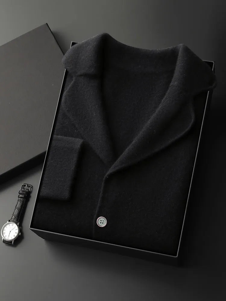 Men's loose fit cashmere cardigan knitted jacket in a solid colour on a neutral background