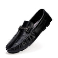 Men's casual leather peas shoes with belt buckle, cowhide upper, and flat rubber sole in black colour