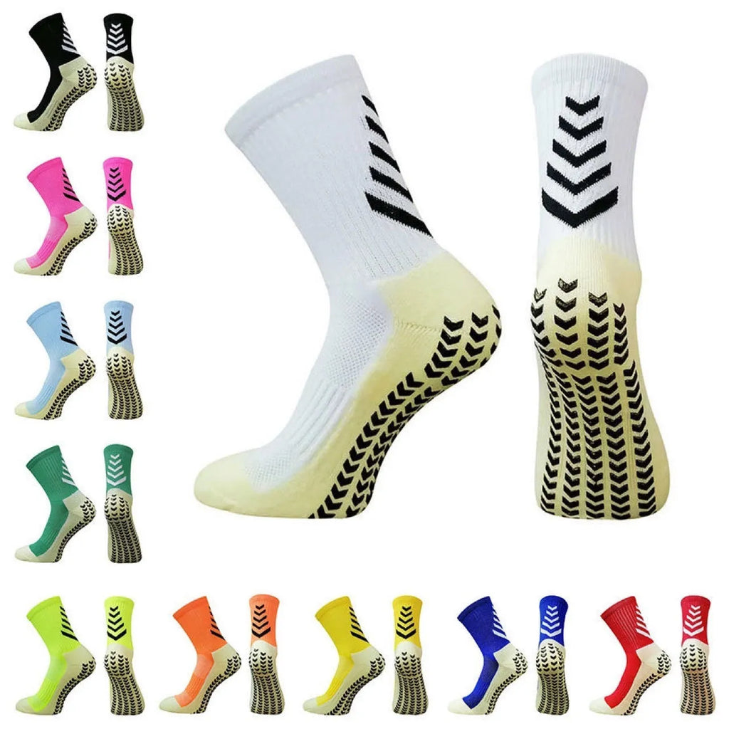 Men's mid-calf athletic socks with geometric patterns and silicone grips for football and running