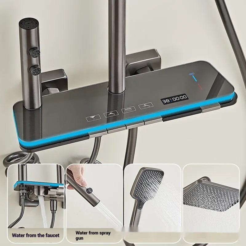 Aluminium digital display shower head set with temperature control and four hot/cold gear settings