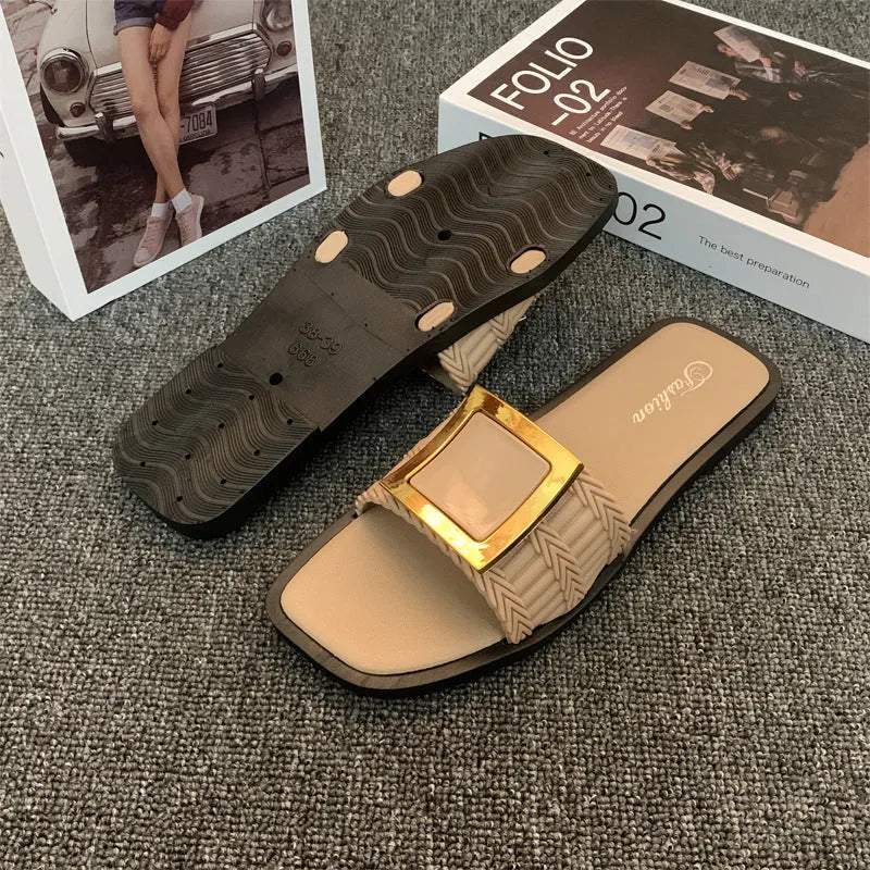 Women's flat summer slippers in apricot colour with a casual design and PVC sole.