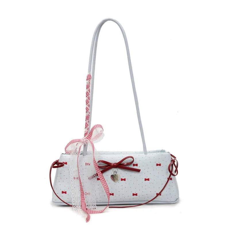 Women's bowknot underarm bag in beige or blue, nylon shoulder handbag 31x9x13 cm with double straps