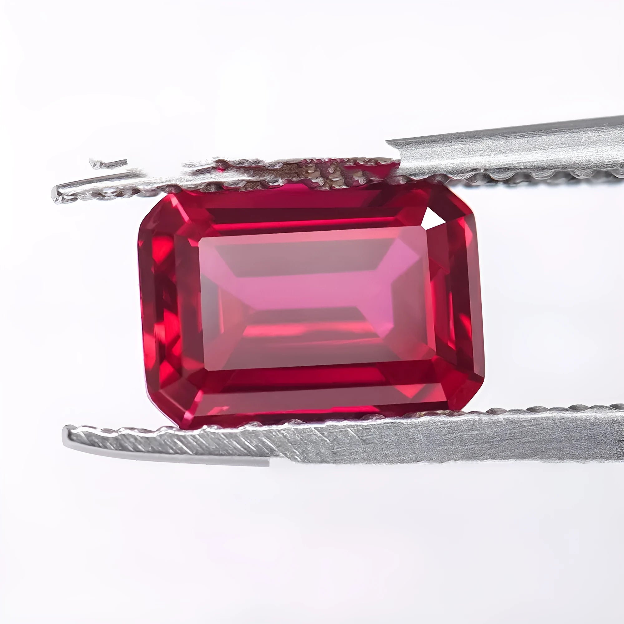 Cultivated pigeon blood red ruby gemstone showing six different cutting styles with carat weight indicators