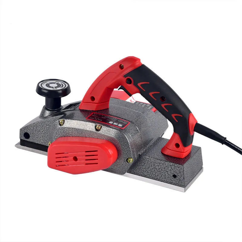 Red electric push planer with aluminium body, 82mm planing width, for woodworking tasks