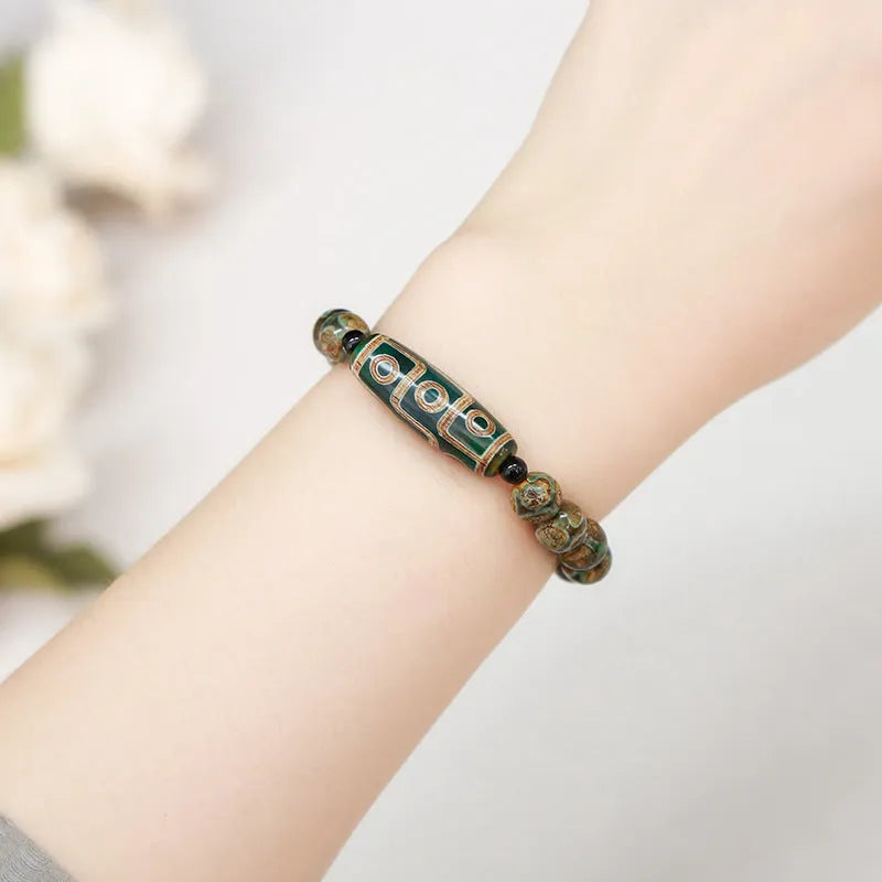 Green dzi bead barrel-shaped bracelet with 8mm agate beads, handmade unisex design