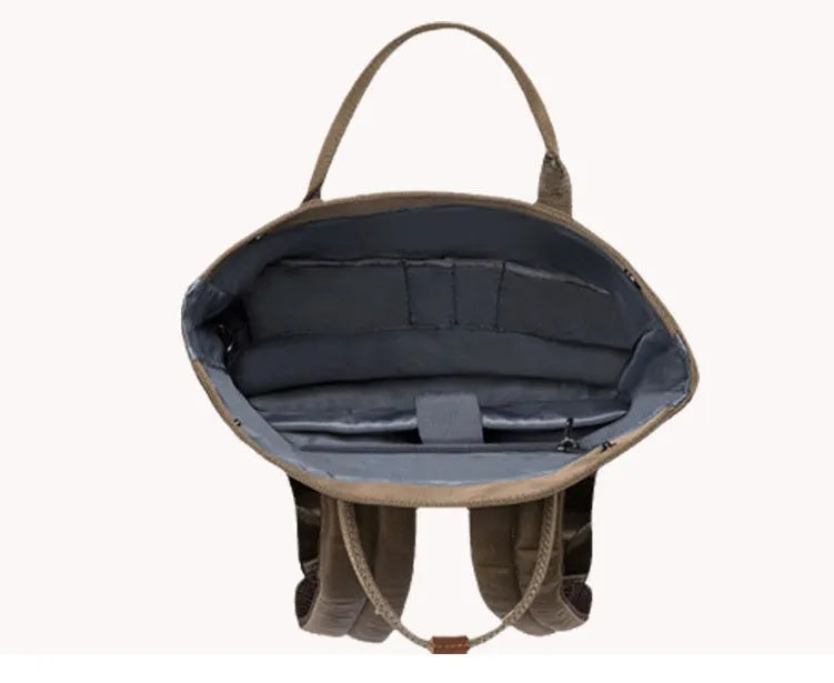 Casual polyester backpack with cover opening showing internal laptop pocket and zipper compartment