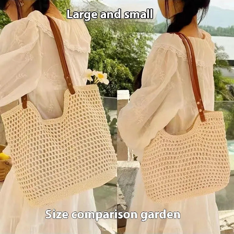 Beige woven cotton linen large capacity shoulder bag with shoulder strap