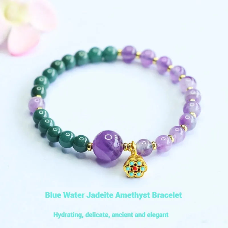 Hand-woven blue water jade and amethyst beaded bracelet, 6-10mm beads, Emerald Crystal style