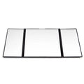 Silver car folding makeup mirror showing 15.5*14cm closed size and 30.5*14cm open dimensions