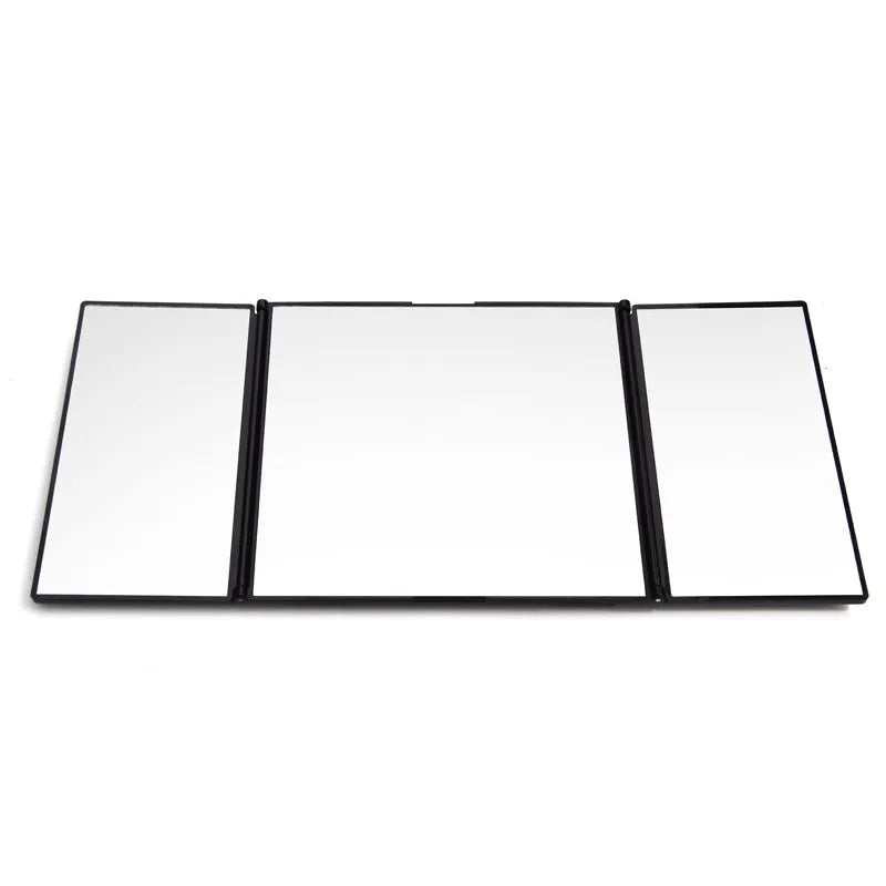 Silver car folding makeup mirror showing 15.5*14cm closed size and 30.5*14cm open dimensions