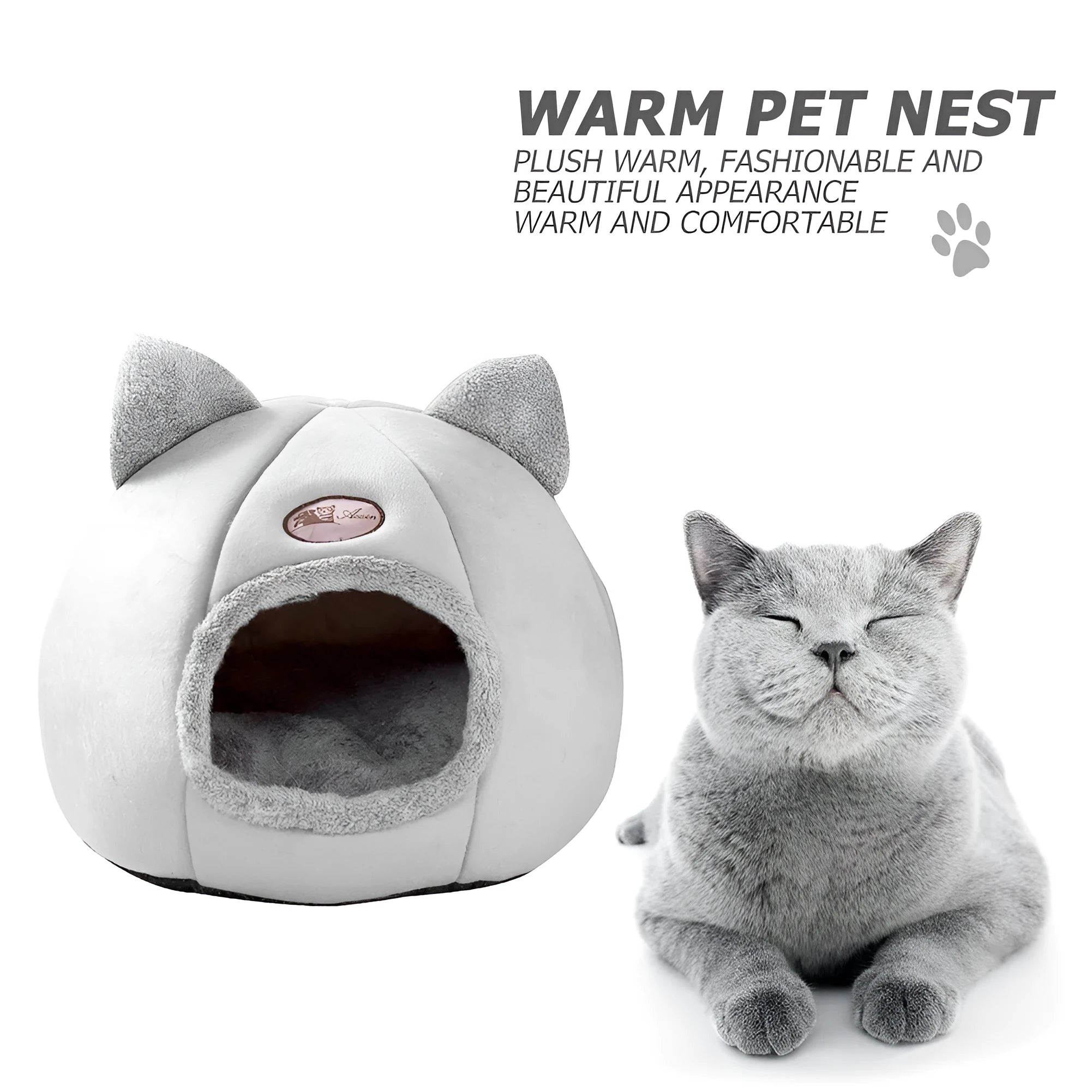 Large fully enclosed fabric cat house with a single entrance, shown in a home setting.