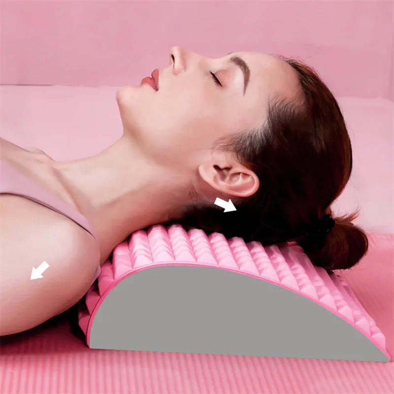 Blue EVA foam back stretcher pillow for lumbar and neck support on a plain background.