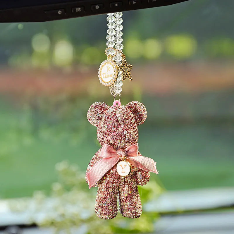 Car rearview mirror pendant with 5x9cm Violent Bear design in artificial crystal rhinestone, available in black, white, and mixed pastel colours