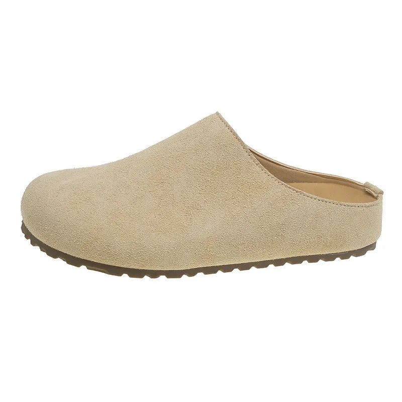 Korean style apricot coloured flat slippers with a square toe and slip-on design