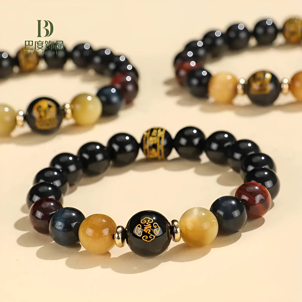 Handmade black agate beaded bracelet with tiger eye stones and Buddhist deity zodiac charms