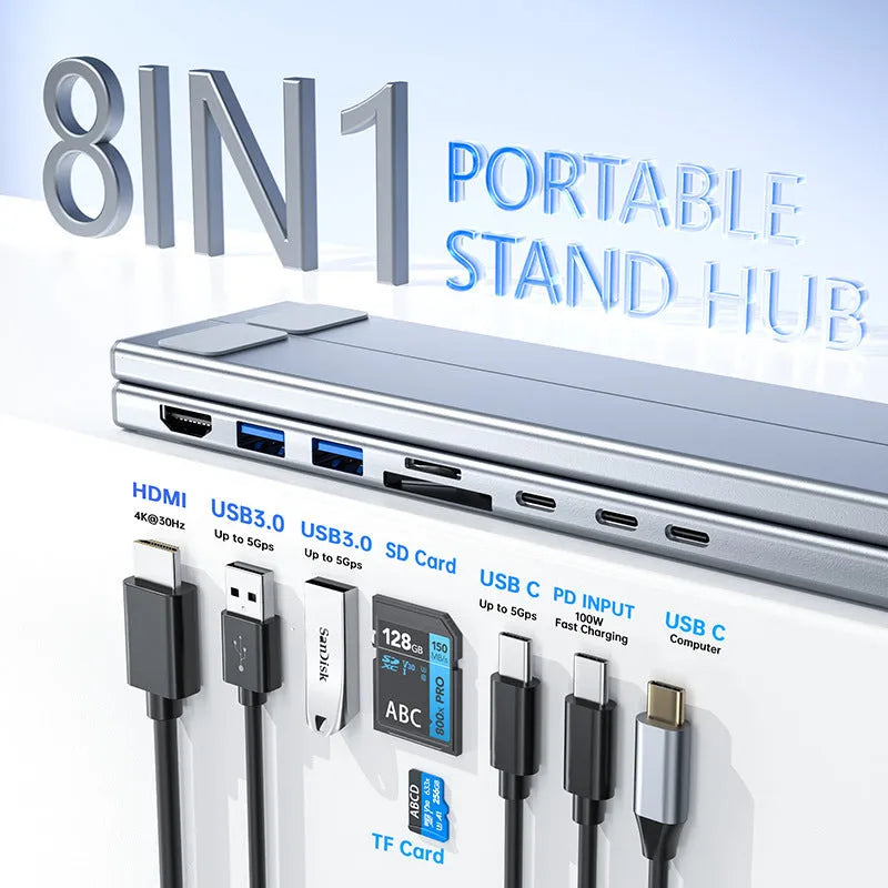 Aluminium alloy folding laptop docking station stand with 8 ports including HDMI, showing 24.75cm width and collapsed position