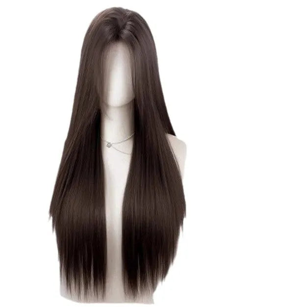 Full-head forehead lace wig in mid-length straight style with dark brown hair and styling accessories