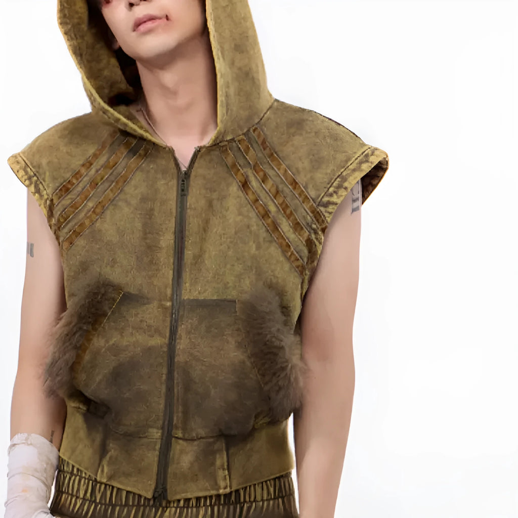 Korean style hooded sleeveless tank top and matching trousers set in black and grey colours