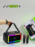 M3201 portable Bluetooth speaker in black, dark brown, or orange red with two wired microphones.
