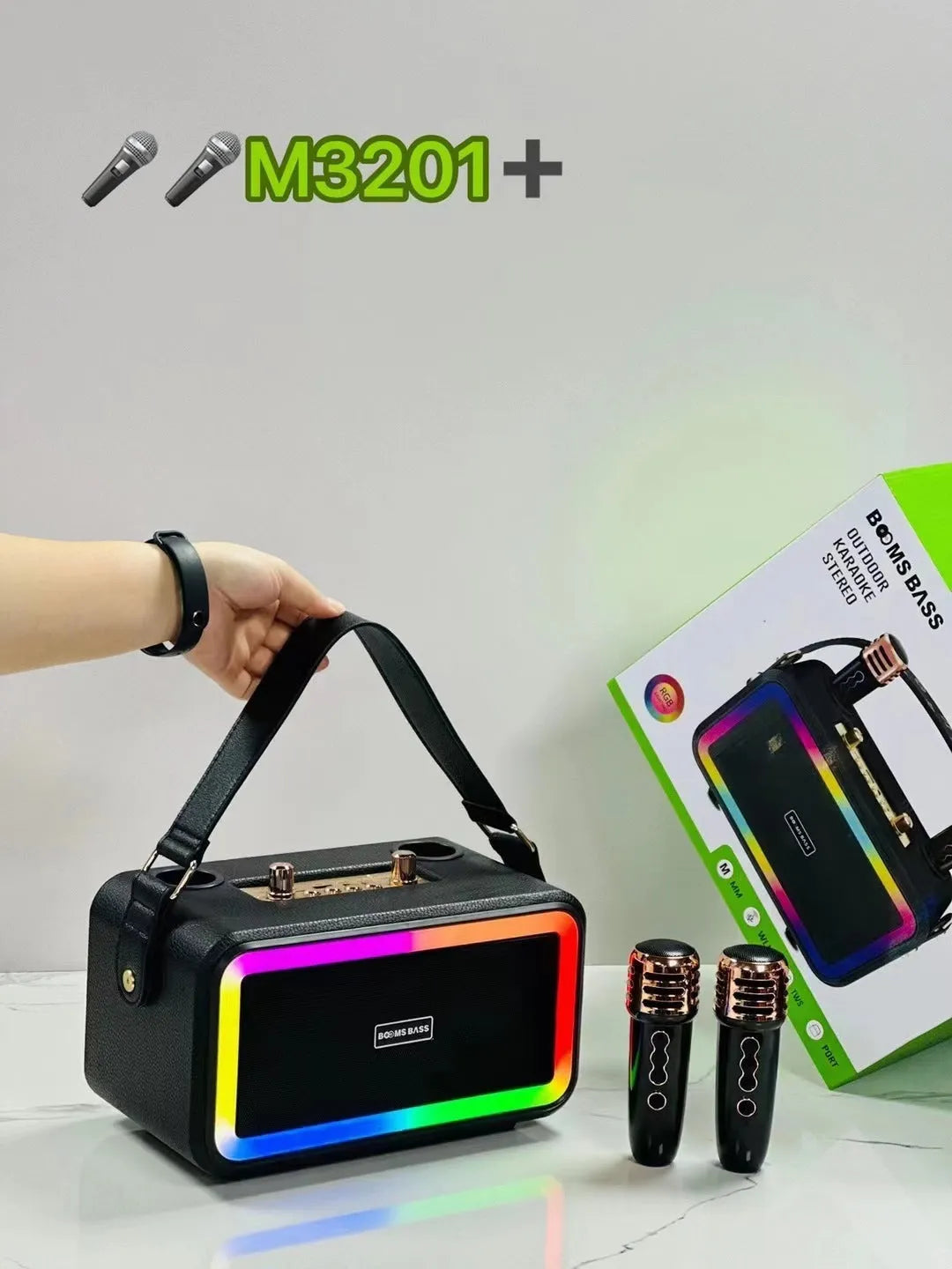 M3201 portable Bluetooth speaker in black, dark brown, or orange red with two wired microphones.
