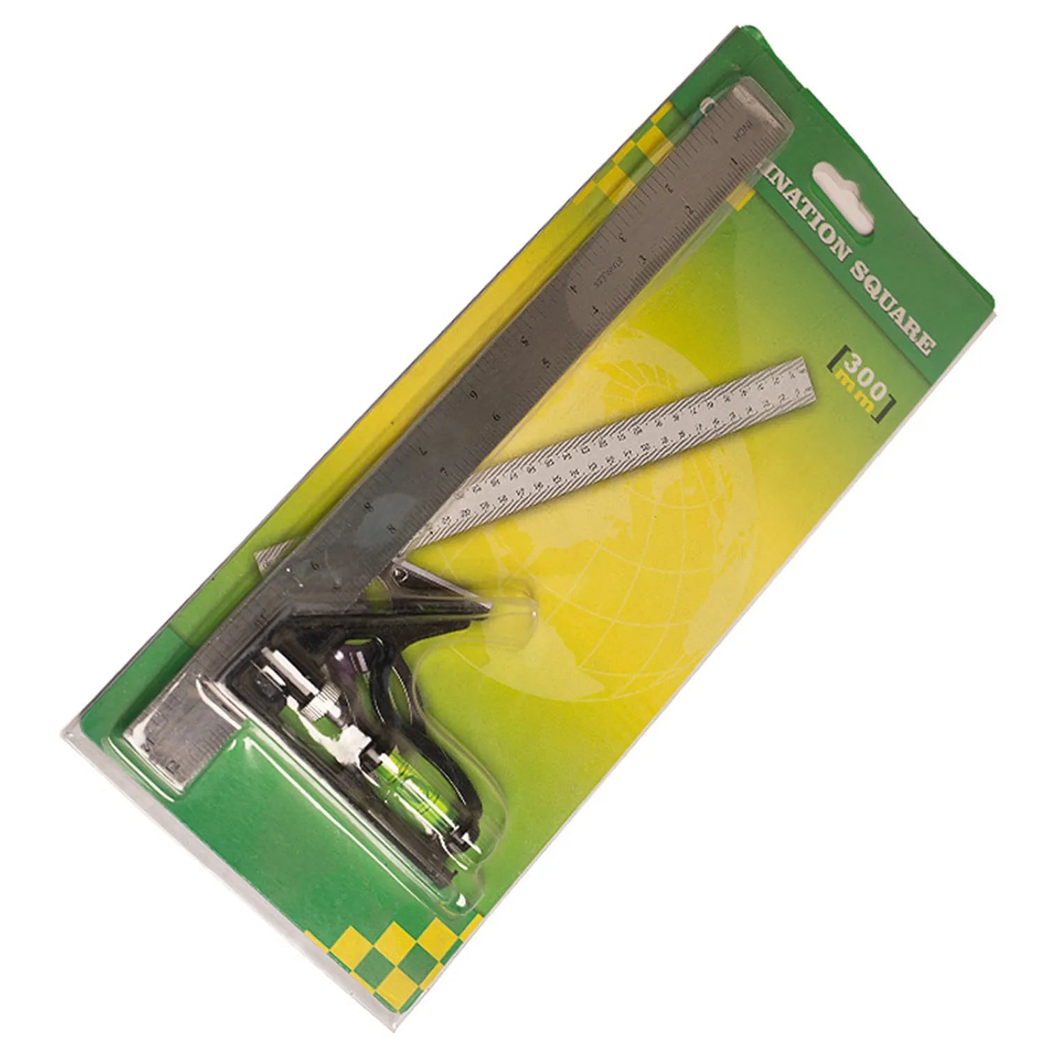 Red thin 7-inch metal combination angle ruler with metric scales on both sides, in a transparent bag