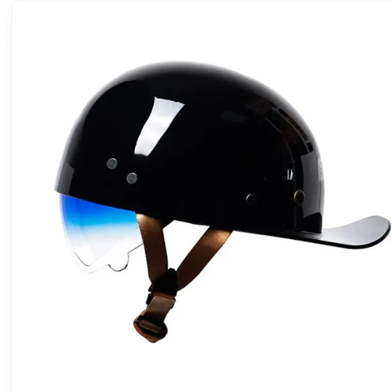 Retro half-shell electric bicycle helmet in bright black gradient blue colour with ABS construction
