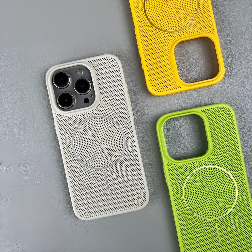 Thin frosted magnetic phone case for iPhone in multiple colours, showing shockproof and heat dissipating design.