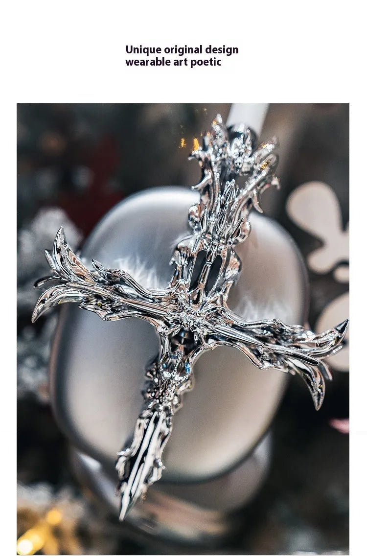 Gothic cross design hard resin case cover for Apple AirPods Max headphones in silver colour