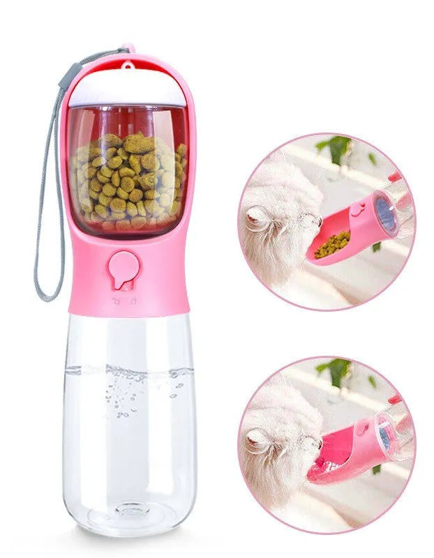Portable plastic pet cup with 550ml water and 100g grain compartment, detachable design, shown in milk white, pink or turquoise