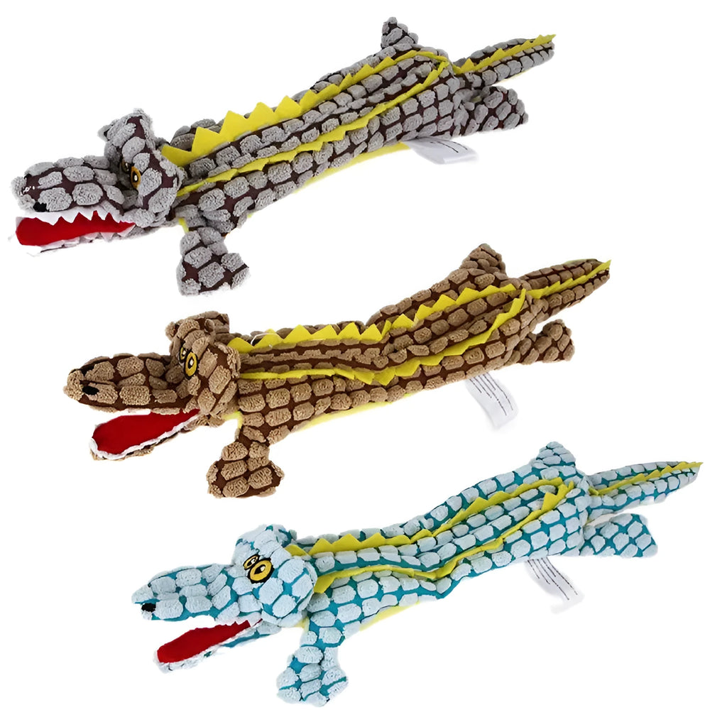 Plush corduroy crocodile-shaped dog toy with squeaker in blue, coffee, or grey colour