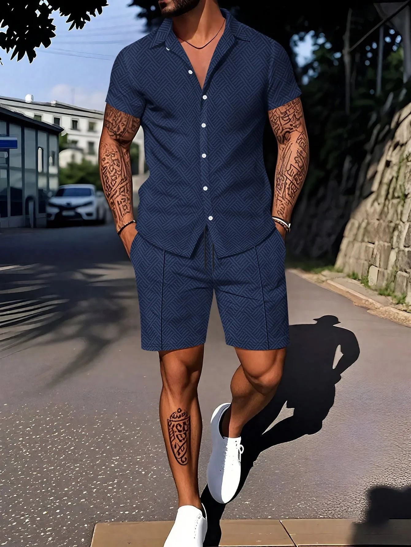 Men's digital printing short sleeve suit set with coordinating shorts in cotton blend fabric
