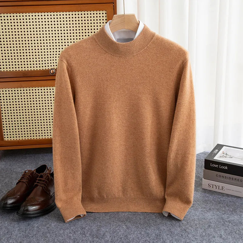 Men's half-collar wool sweater in loose fit showing texture of rough yarn wool