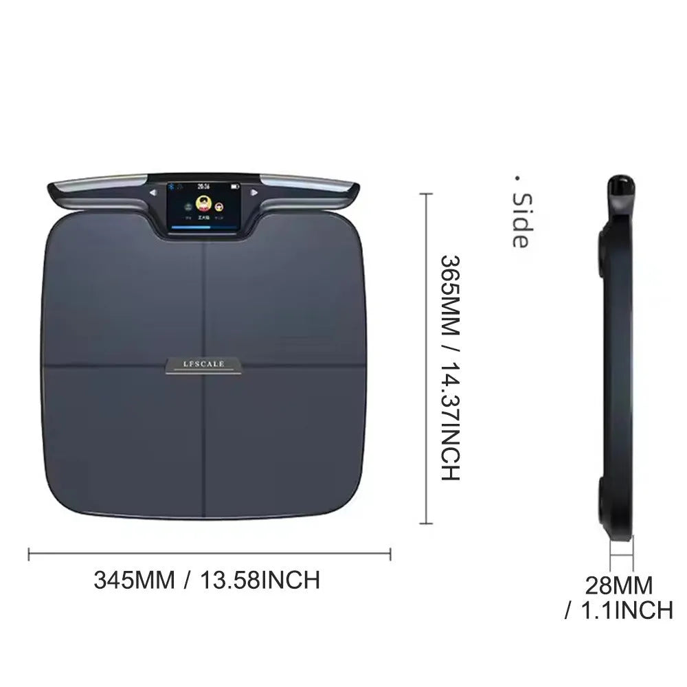Black eight-electrode body fat scale measuring 45x45cm with built-in battery for weight, fat, calorie, and moisture tracking