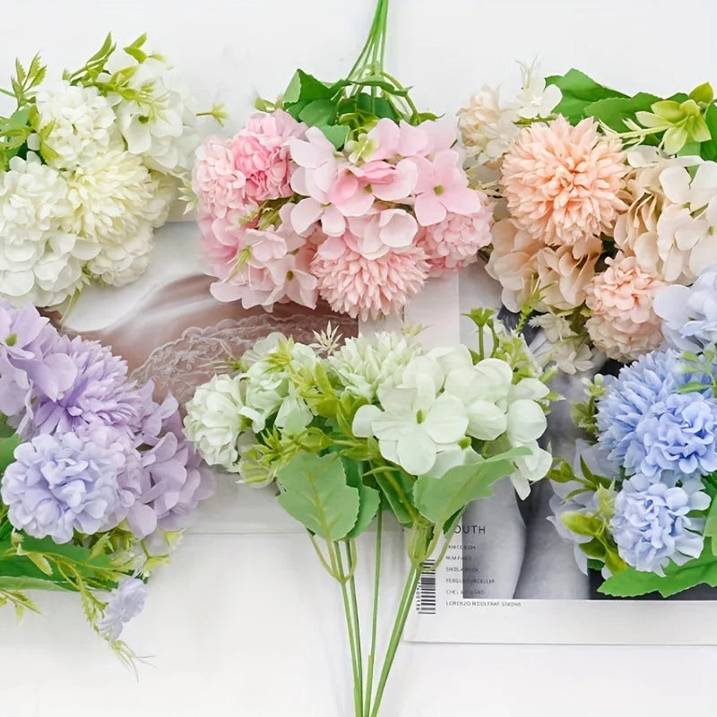Artificial hydrangea flower with raw silk bloom on a plastic stem in blue.
