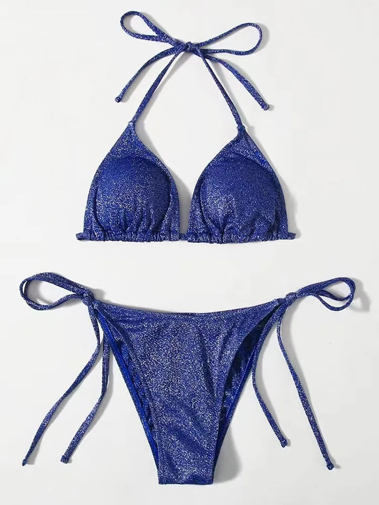 Women's khaki gold split bandage bikini swimsuit showing front view with briefs style