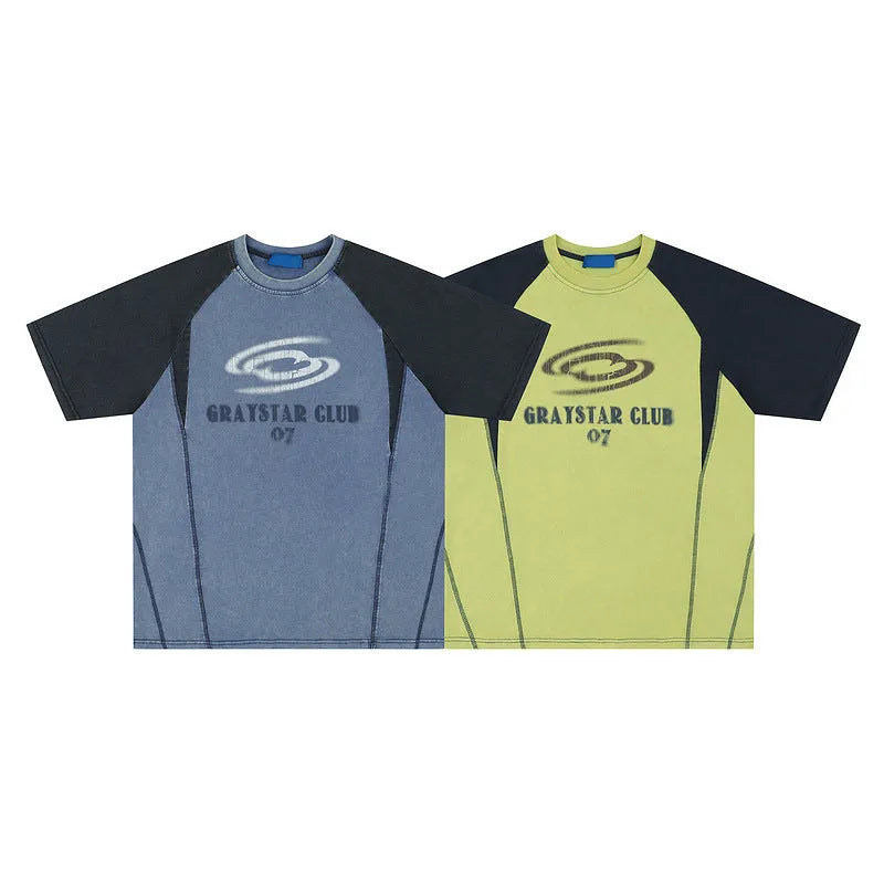 Men's blue hip hop letter print t-shirt with raglan sleeves, loose fit, on a hanger