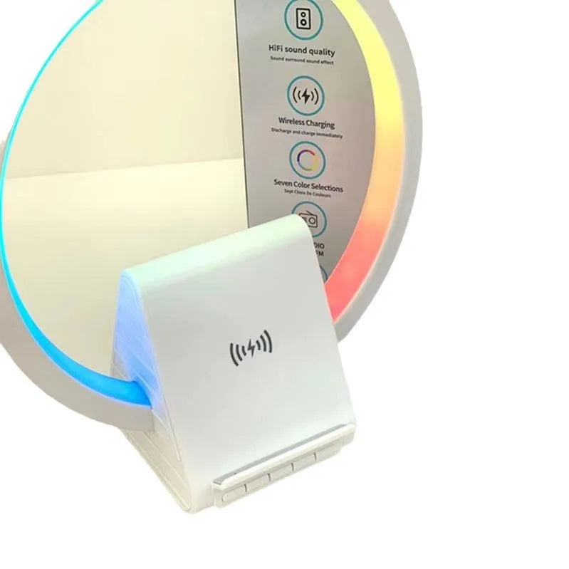 White rectangular 15W wireless charging pad with integrated Bluetooth speaker and ambience light.