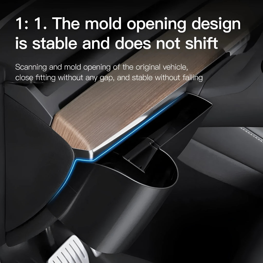 A plastic water cup holder designed for the dashboard of a left-hand drive Tesla Model 3 or Model Y.