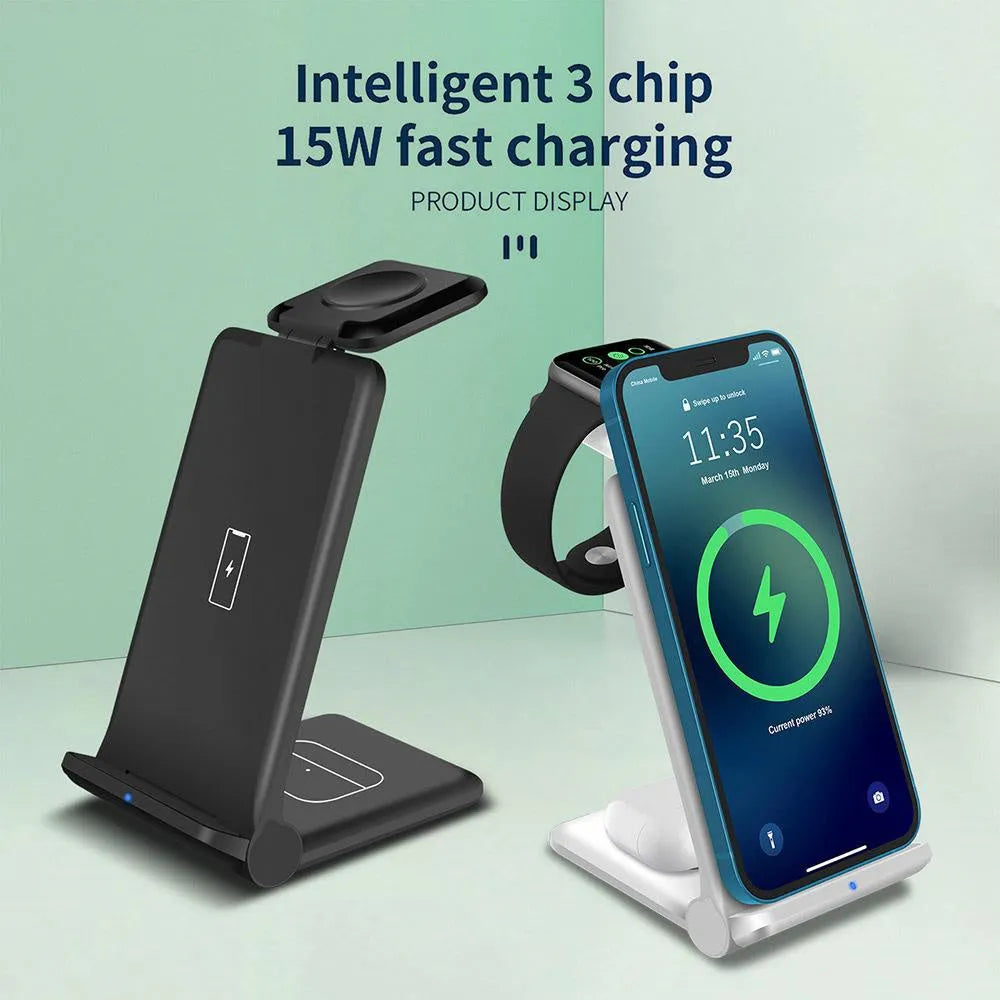 Foldable 3-in-1 wireless charger station in black or white, charging iPhone, Samsung phone, AirPods, and Apple Watch