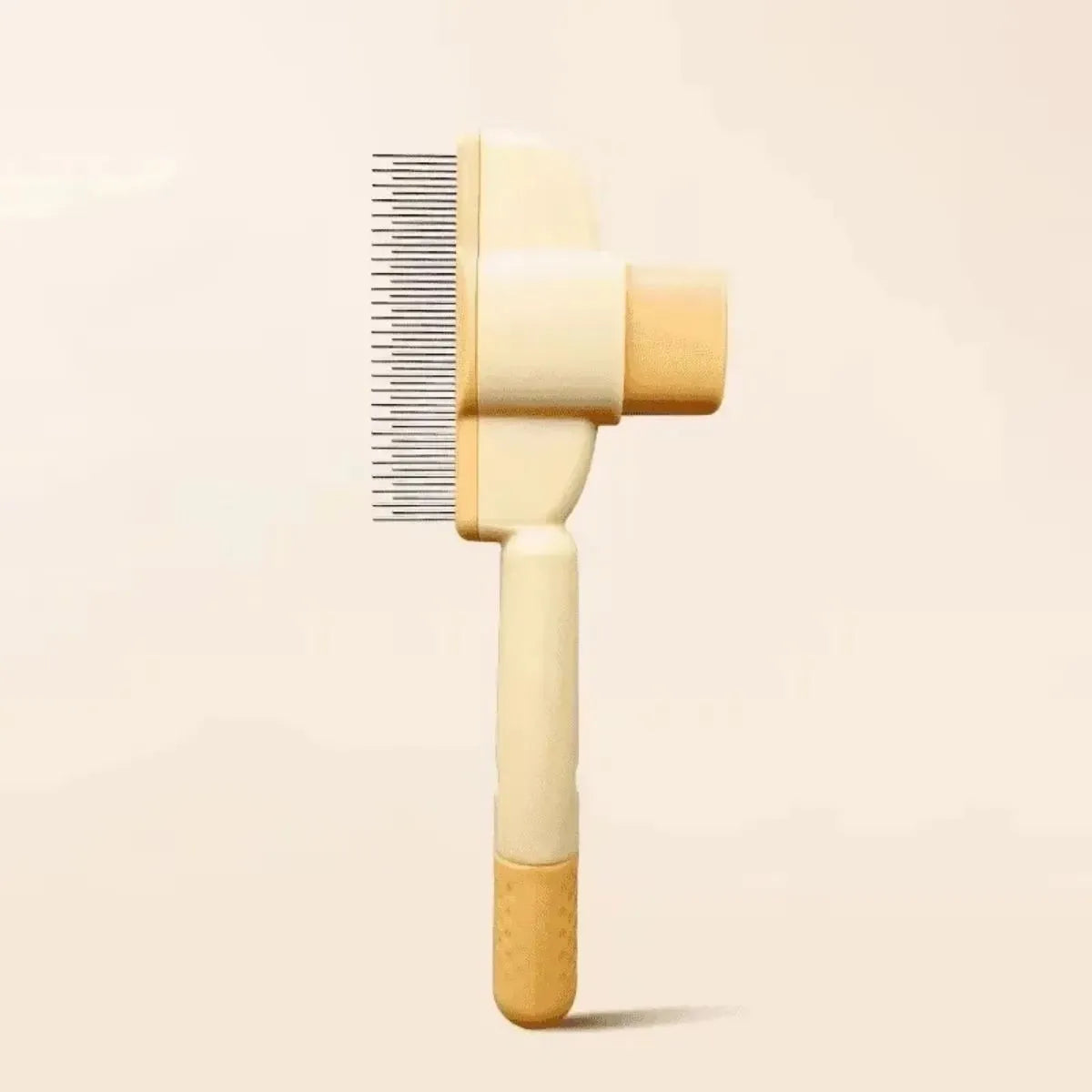 Green and yellow pet grooming brush with one-click hair removal system for dogs