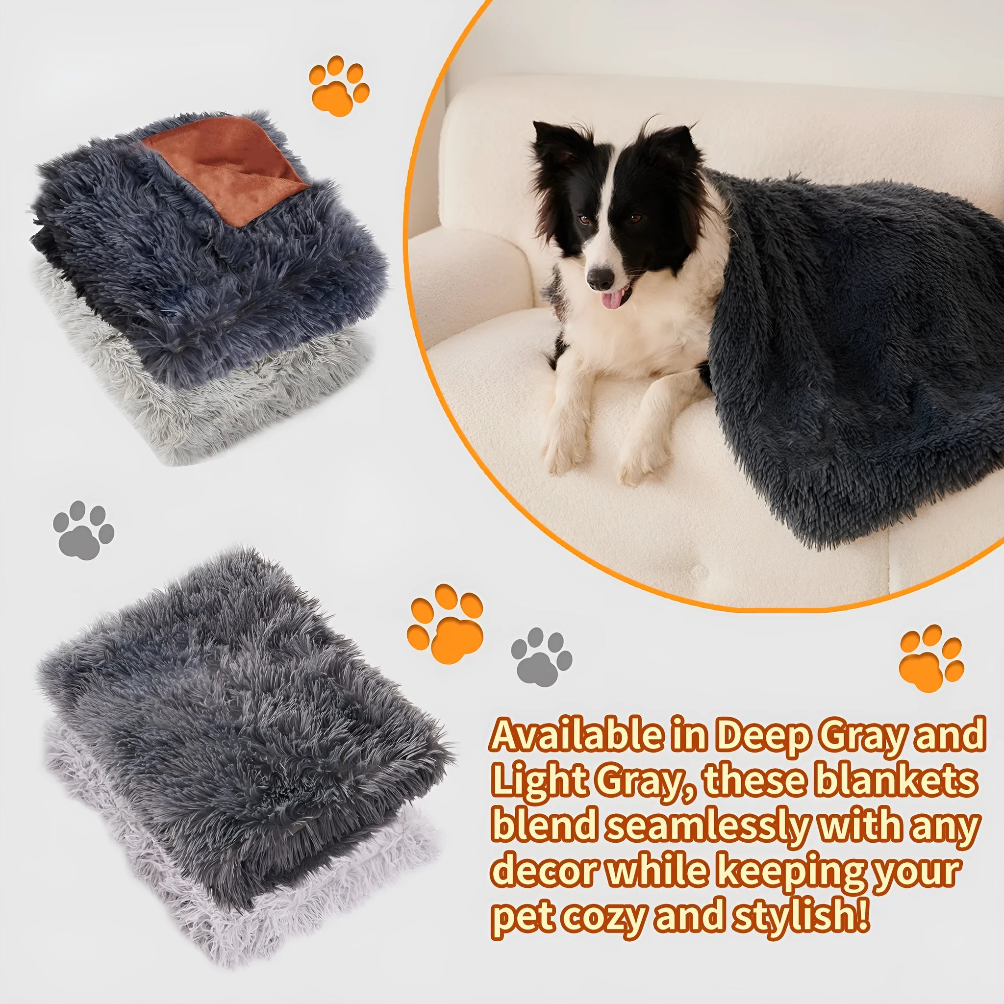 Light grey velvet pet blanket folded on a sofa next to a sleeping dog.