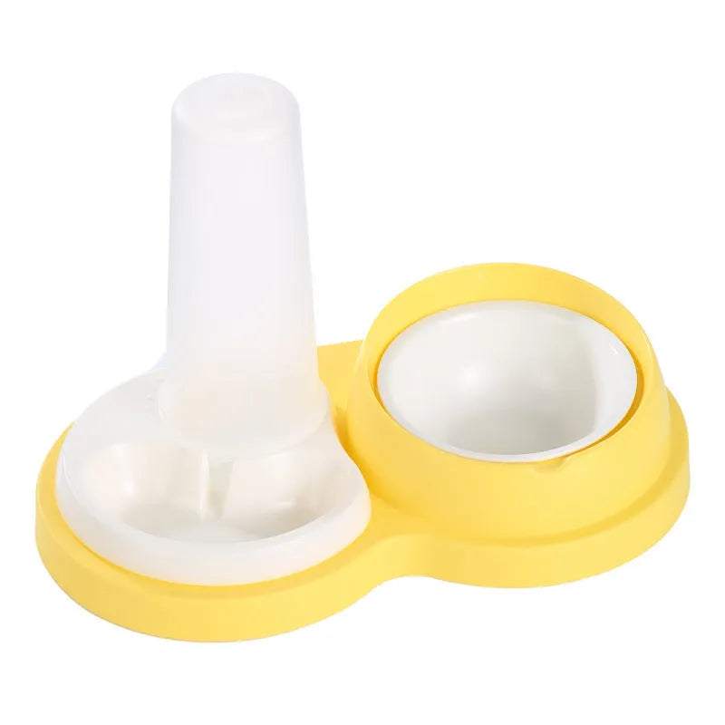 Grey and yellow pet dual feeding bowl with ceramic food dish, stainless steel water bowl, and neck protection collar