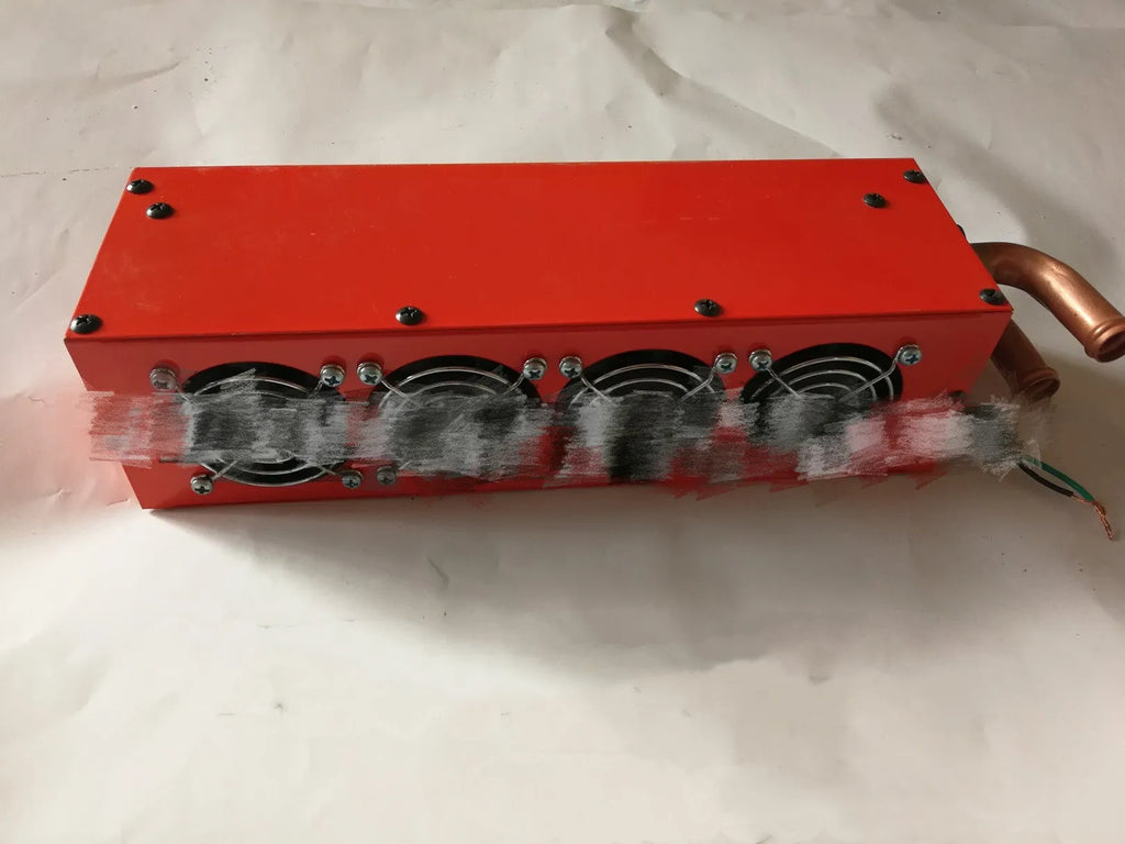 Car heater with four copper pipes, metal housing, manual control, dimensions 34x12x8cm, for 12V/24V automotive use