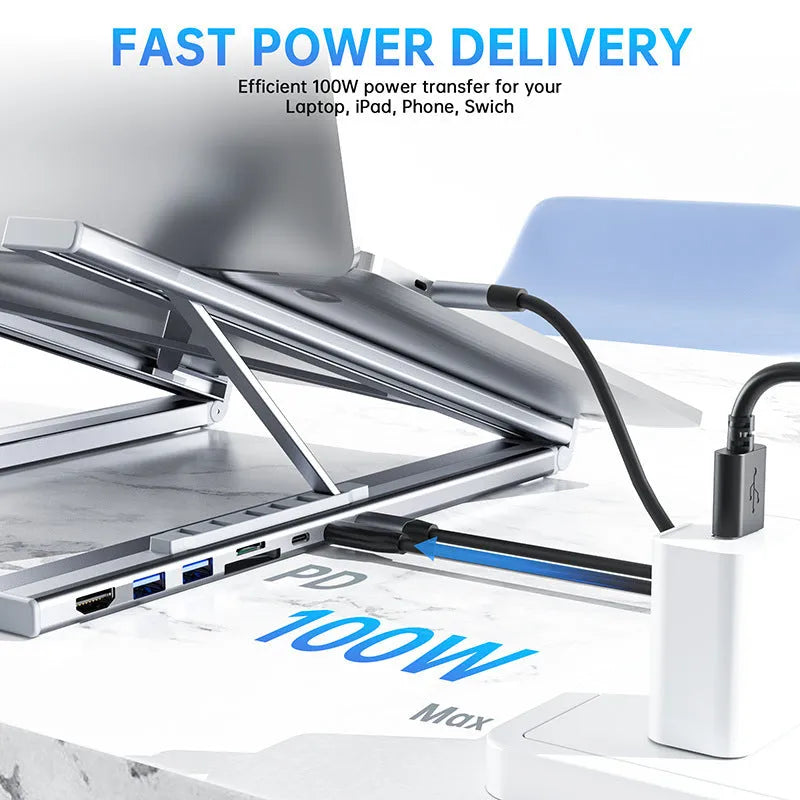 Aluminium alloy folding laptop docking station stand with 8 ports including HDMI, showing 24.75cm width and collapsed position