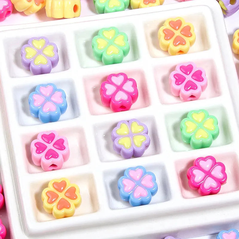 15mm frosted acrylic four-leaf clover beads in mixed colours including rose red, pink, yellow, green, blue, and purple